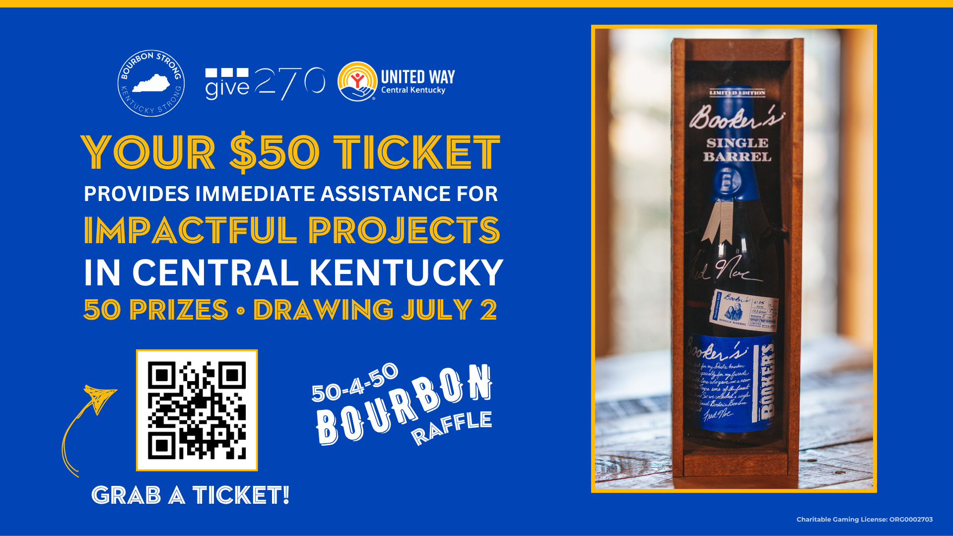 Give 270 to give away rare Booker’s bourbon prizes during 50-4-50 raffle benefiting UWCK